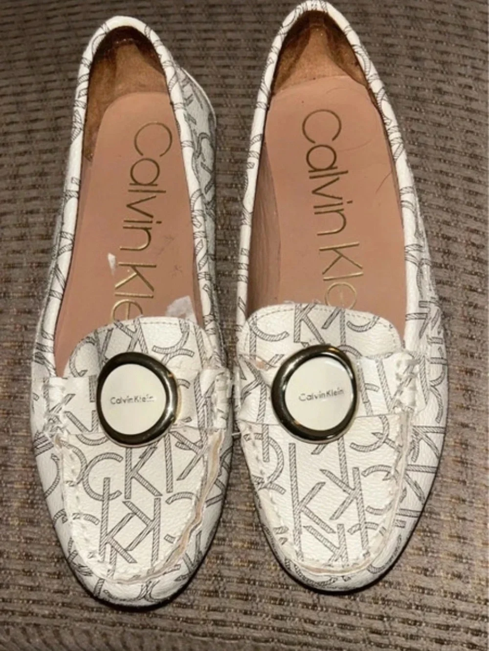 Calvin Klein White Logo Loafers with Gold-Tone Medallion